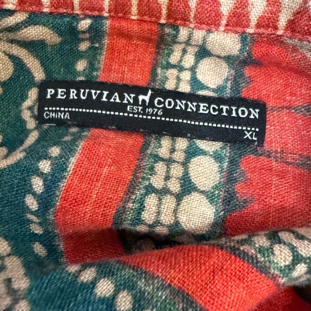 Peruvian Connection Block Print 100% Linen Maxi Caftan Long Dress XL Pockets - Picture 7 of 8